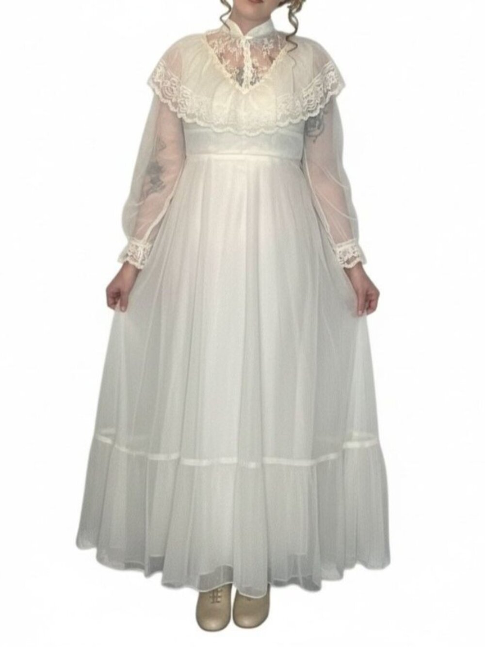 Vintage 70s Wedding Maxi Dress Gunne Cottagecore Victorian Lace Boho Ivory XS/S